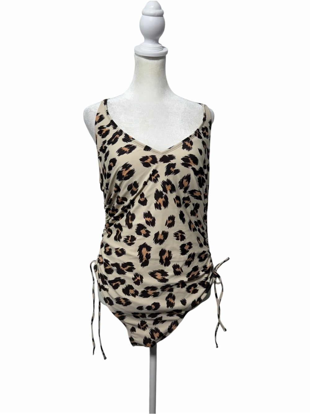 Kona Sol Leopard Print One Piece Swimsuit Ruched Tortoise Ring Halter Size L